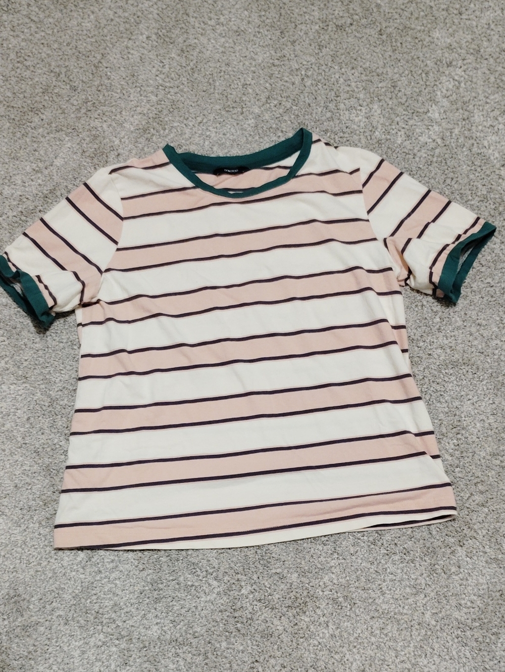 Striped Ringer Tee in Cream, Light Pink & Dark Green Trim